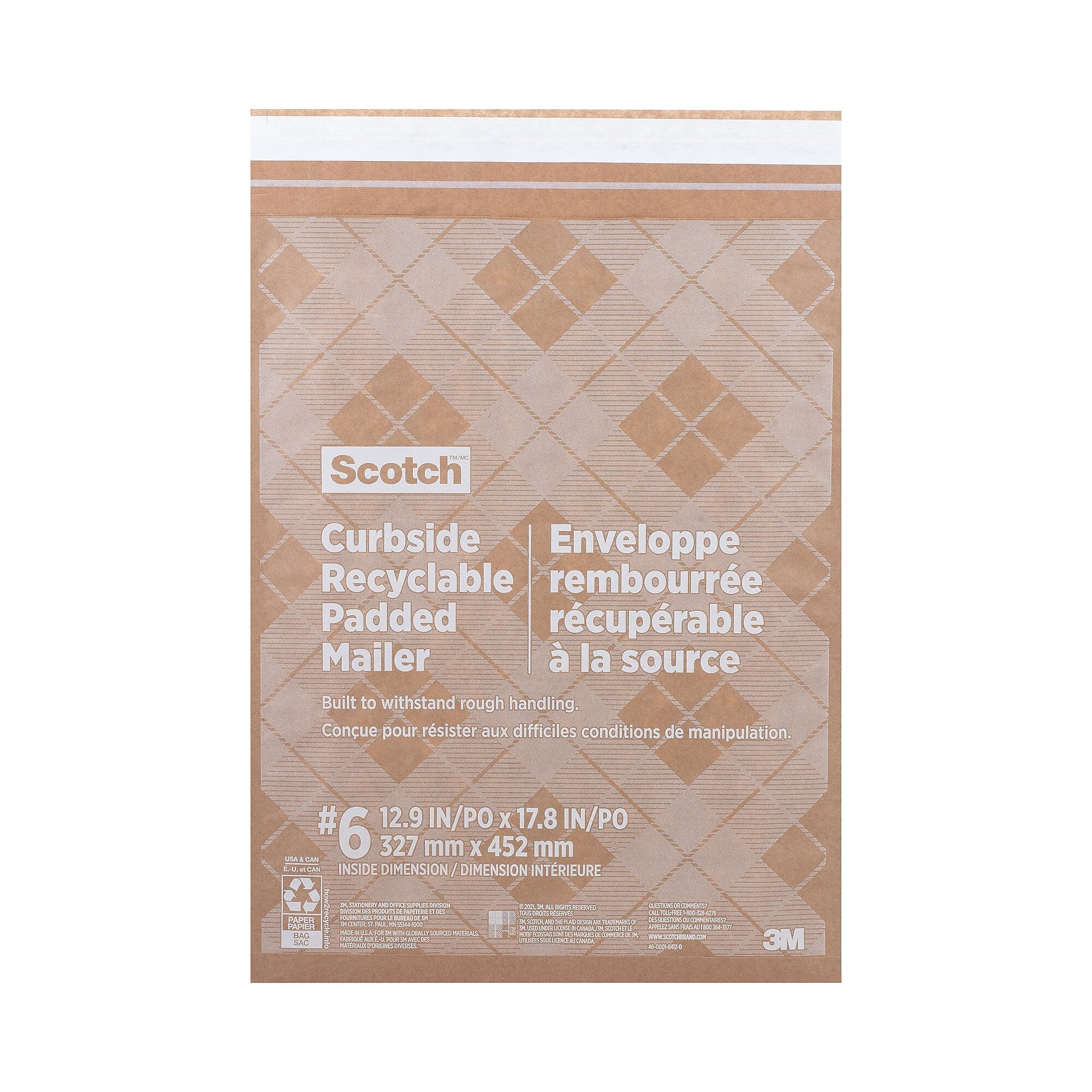 Scotch Curbside Recyclable Padded Mailer, #6, Bubble Cushion, Self-Adhesive Closure, 13.75 x 20, Natural Kraft, 50/Carton