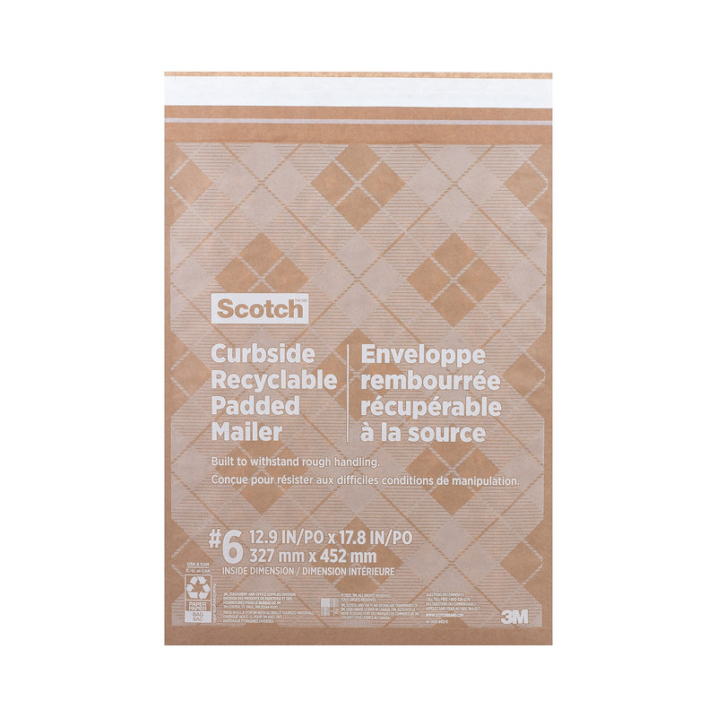 Scotch Curbside Recyclable Padded Mailer, #6, Bubble Cushion, Self-Adhesive Closure, 13.75 x 20, Natural Kraft, 50/Carton