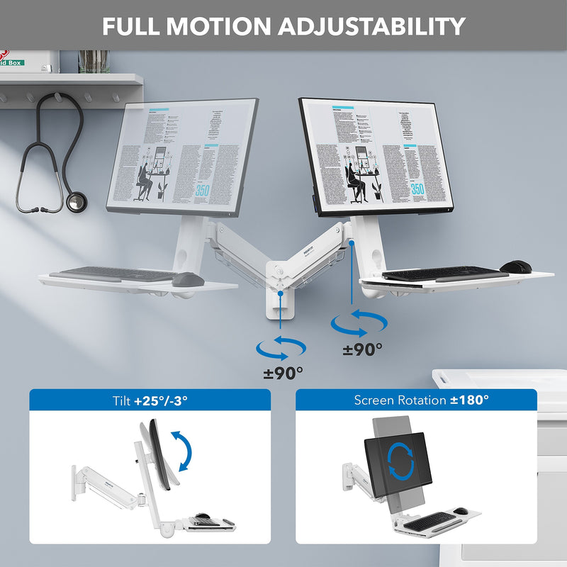 Mount-It! MedHub Wall Mounted, Flexible Workstation for Monitors up to 35", Matte White (MI-16001)