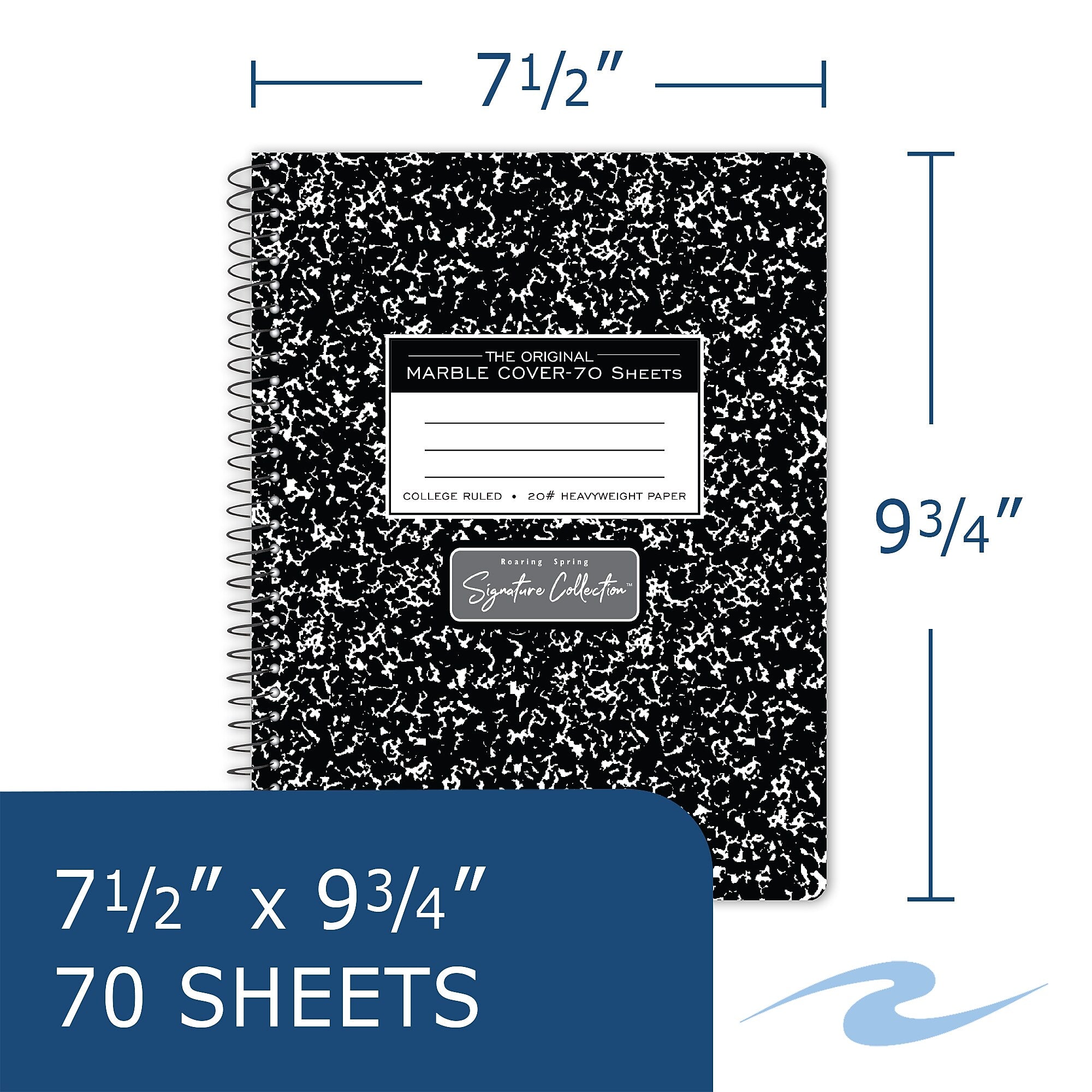 Roaring Spring Paper Products Signature 1-Subject Composition Notebooks, 7.5" x 9.75", College Ruled, 70 Sheets, Black (10111)