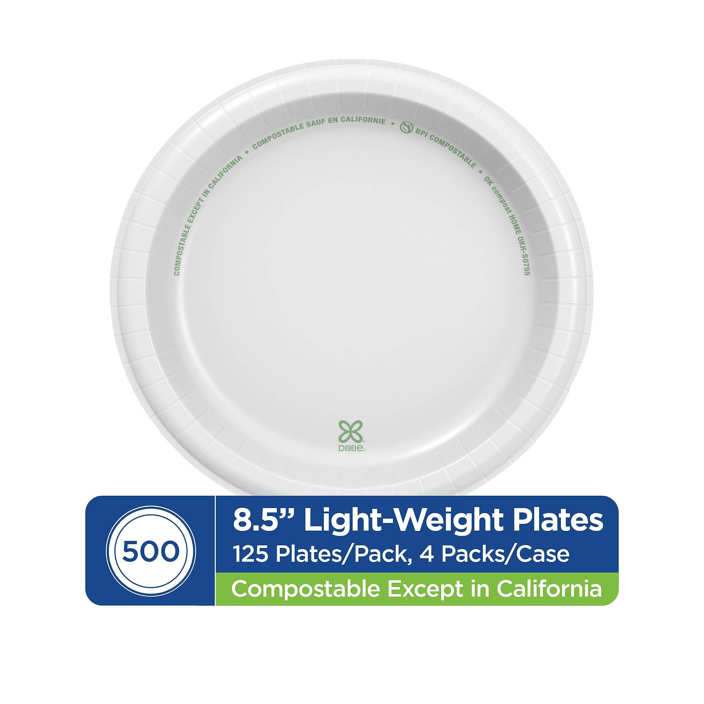 Dixie Basic 8.5" Paper Plates, White, 500/Carton (DBP09WCT)