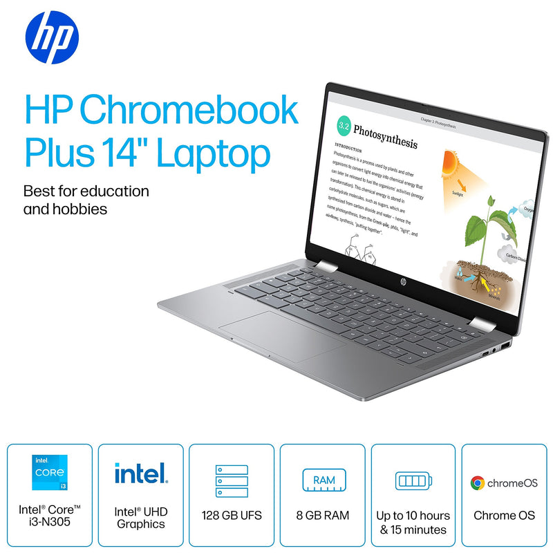 HP Chromebook Plus x360 14" FHD, Intel Core i3-N305, 8GB RAM, 128GB UFS, 10.25 Hour Battery, Chrome OS