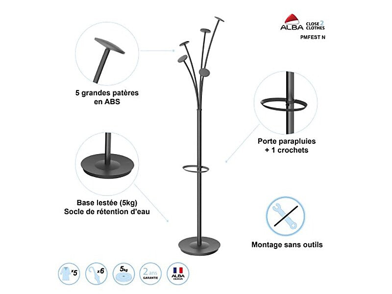 Alba Festival Coat Tree, Black, Steel/Plastic  (PMFEST N)