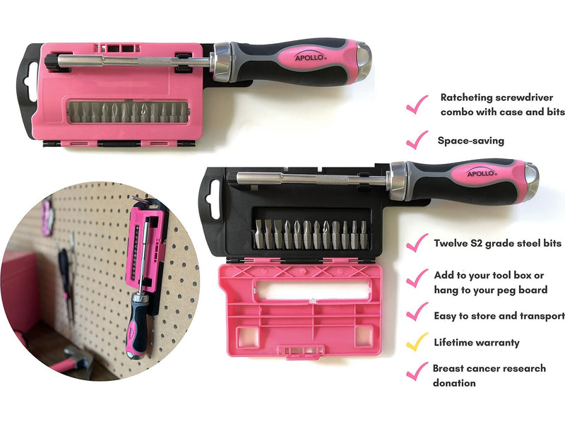 Apollo Tools 13-in-1 Ratcheting Screwdriver with Bit Set, Pink/Black (DT5021P)