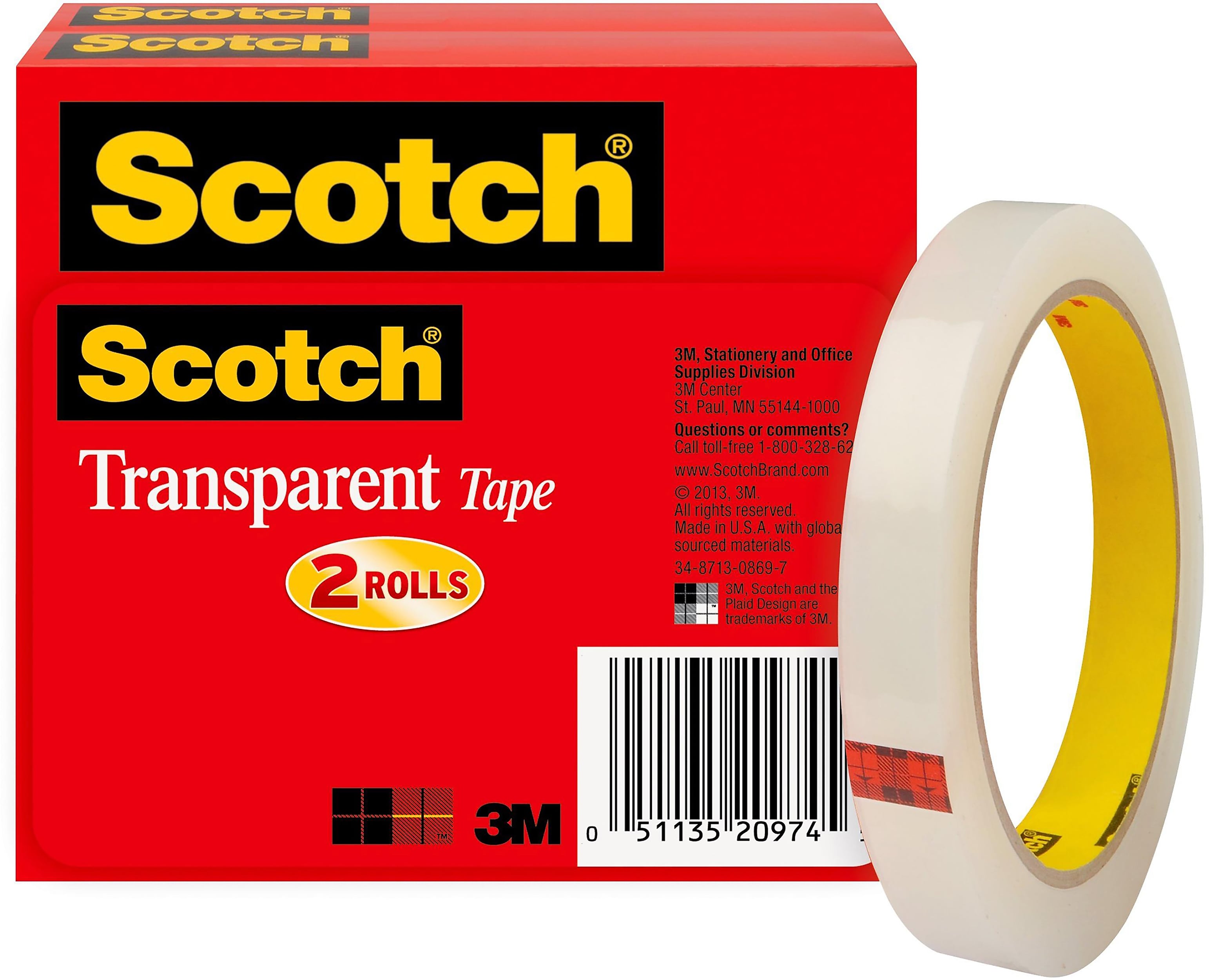 Scotch Transparent Clear Tape Refill, 0.5" x 72 yds., 3" Core, Clear, 2 Rolls/Pack (600-2P12-72)