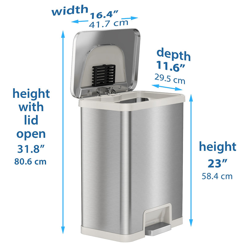 halo TapCan Stainless Steel Rectangular Pedal Sensor Trash Can with AbsorbX Odor Control System, White Trim, 13 Gal. (TC13SW)
