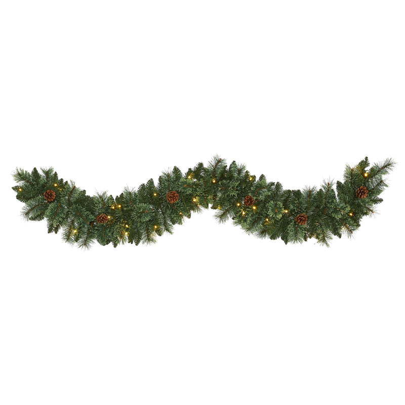 Nearly Natural 6-ft White Mountain Pine Artificial Garland with 35 White Warm LED Lights and Pinecones (W1101)