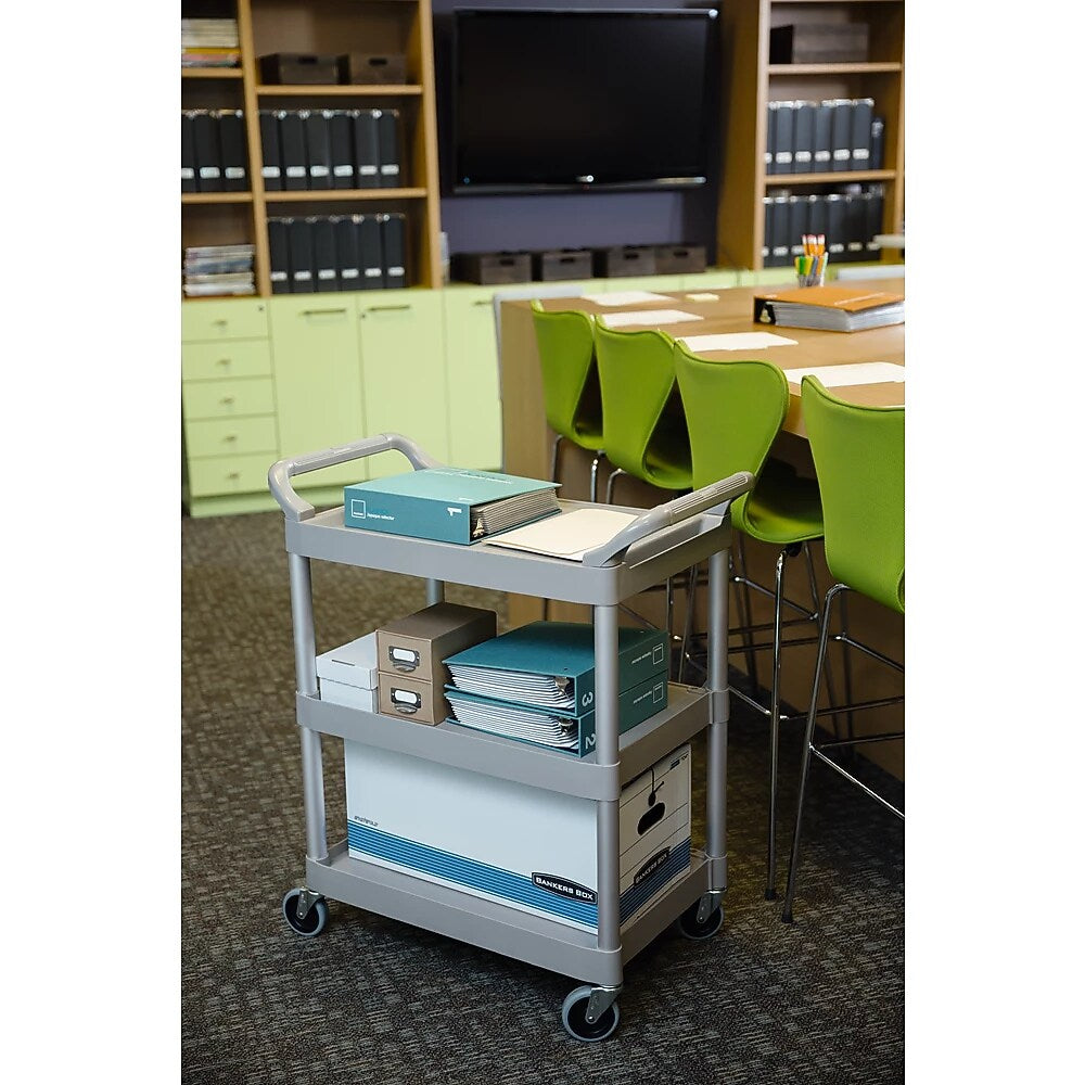 Rubbermaid 3-Shelf Plastic/Poly Mobile Utility Cart with Swivel Wheels, Platinum (FG342488PLAT)