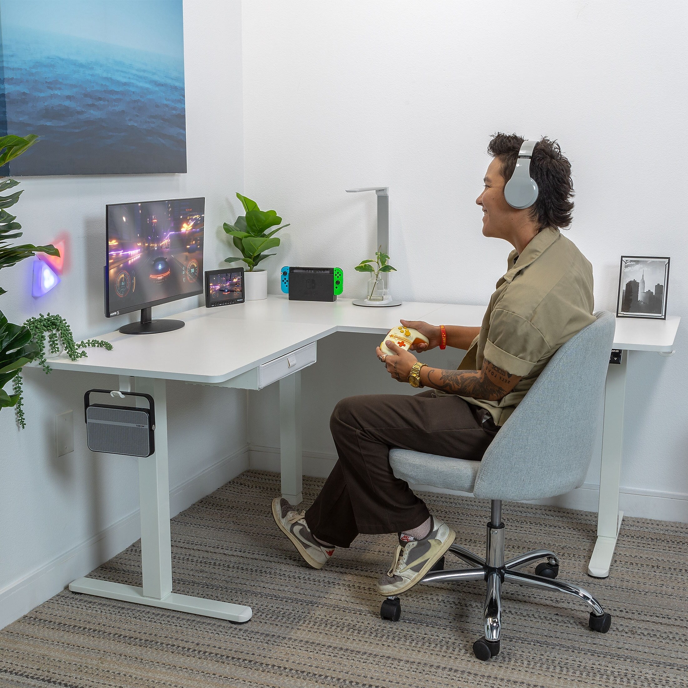 Mount-It! 63"W Electric L-Shaped Corner Adjustable Standing Desk, White/White (MI-15011)