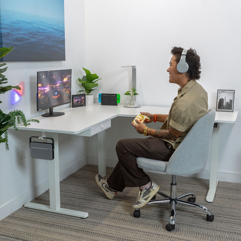 Mount-It! 63"W Electric L-Shaped Corner Adjustable Standing Desk, White/White (MI-15011)