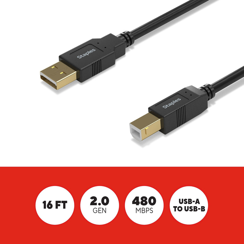 Staples TECH 16 ft. USB-A to USB-B Cable, Male to Male, Black (ST62440)