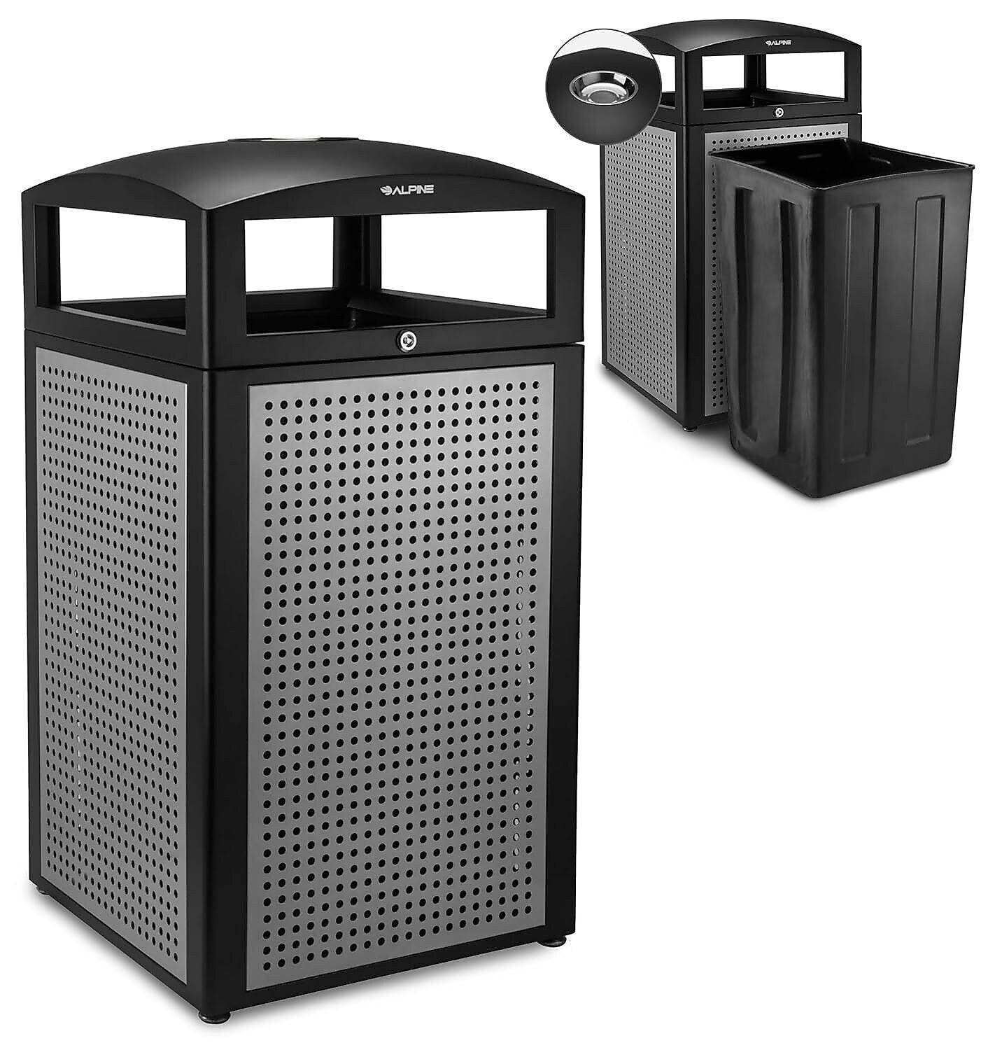Alpine Industries Steel Outdoor Commercial Trash Can with Ashtray Dome Lid, 40 Gallon, Silver, 2/Pack (ALP472-40-SIL-2PK)
