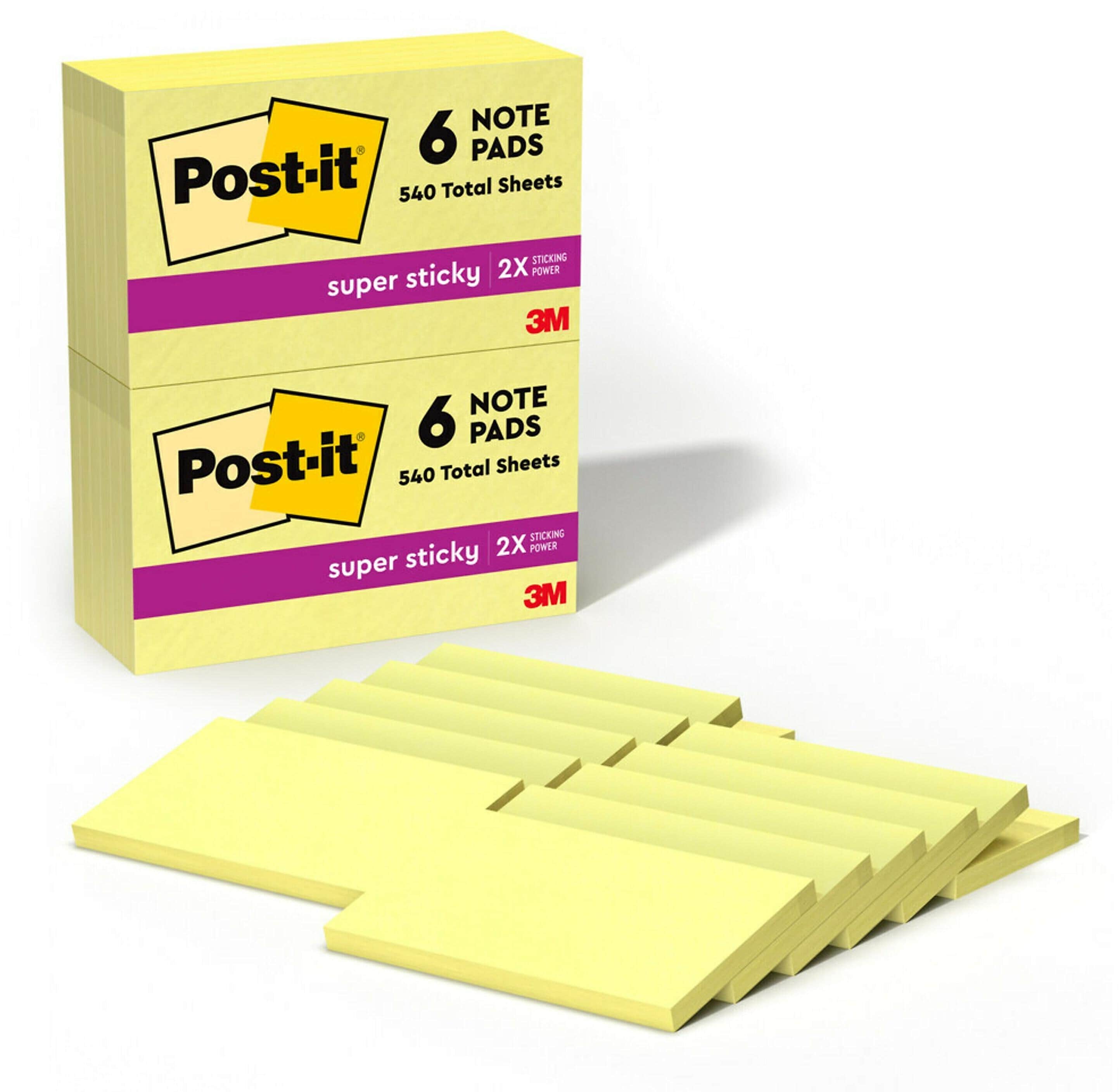 Post-it Super Sticky Notes, 3" x 5", Canary Collection, 90 Sheet/Pad, 12 Pads/Pack (65512SSCY)