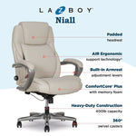 La-Z-Boy Niall AIR Lumbar Pro+ Ergonomic Vegan Leather Executive Big & Tall Chair, 400 lb. Capacity, Beige (60114-BGE)