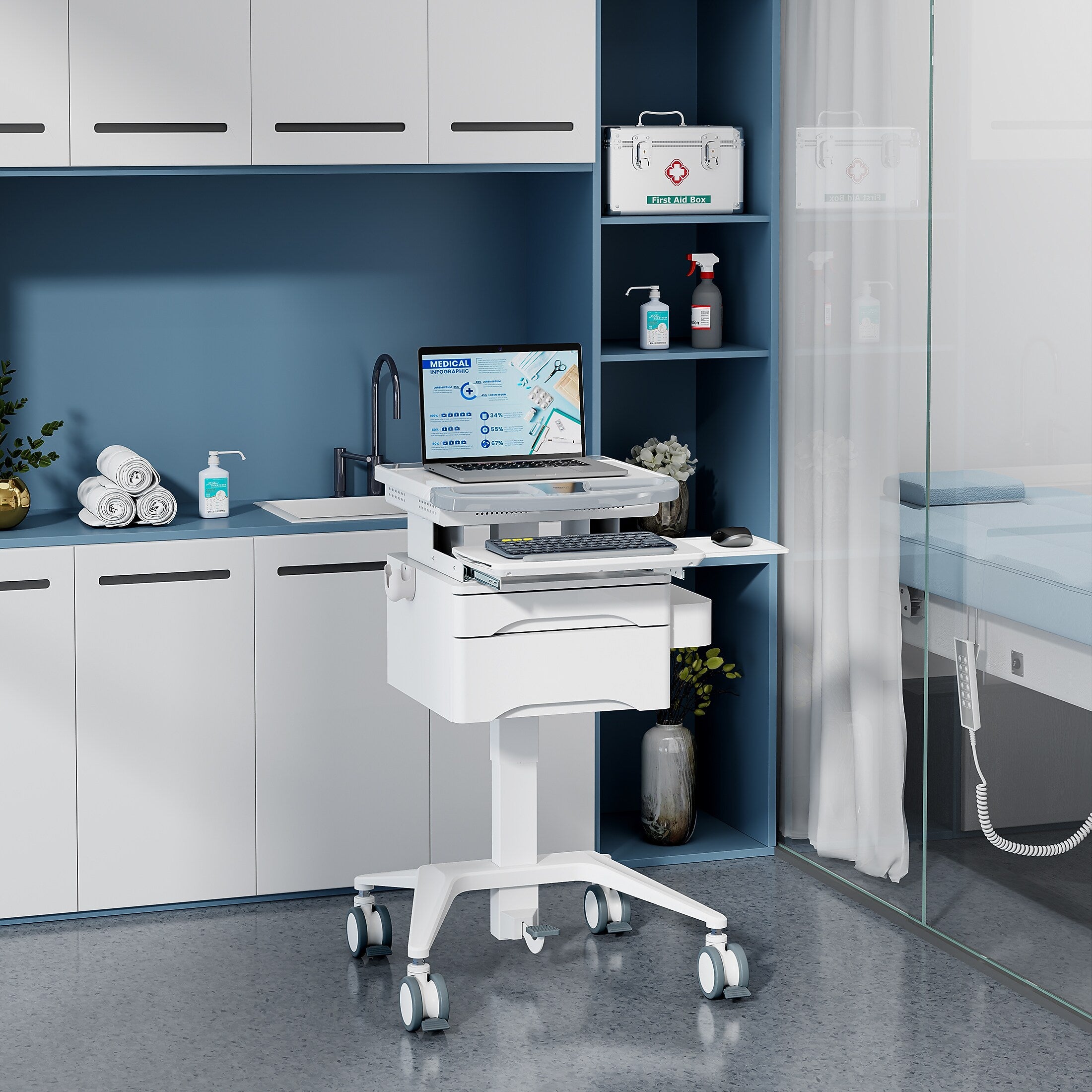 Mount-It! MedHub Mobile Medical Cart Workstation with Drawers and Locking Caster Wheels, White/Grey (MI-16004)