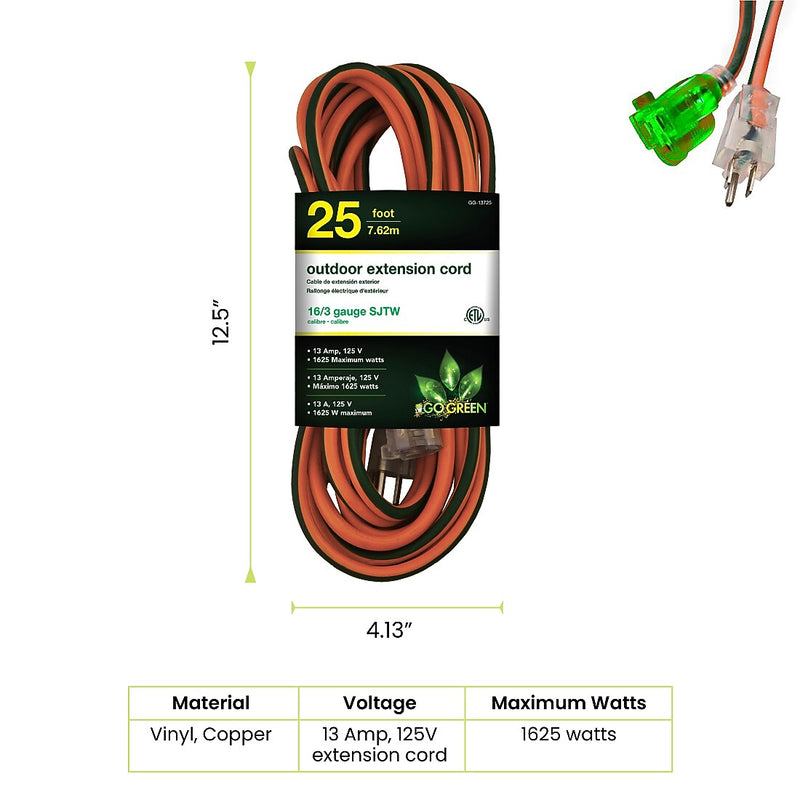 GoGreen Power 25' Indoor/Outdoor Extension Cord, 16 AWG, Orange (GG-13725)