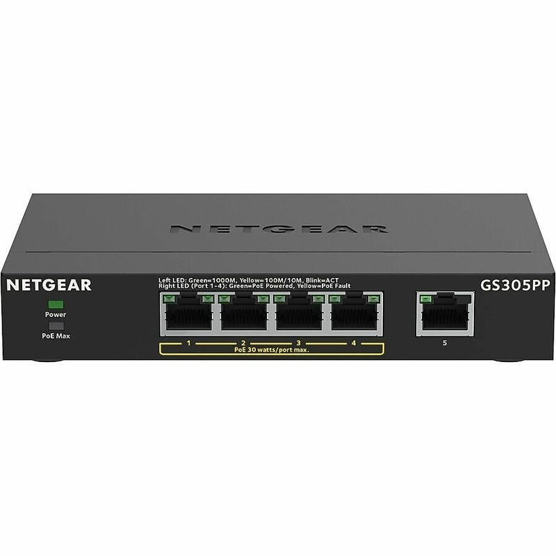 Netgear GS305PP 5-Port Gigabit Ethernet PoE+ Unmanaged Switch, Black (GS305PP-300NAS)