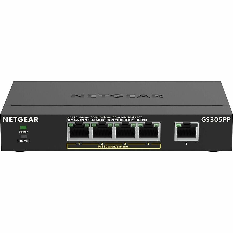 Netgear GS305PP 5-Port Gigabit Ethernet PoE+ Unmanaged Switch, Black (GS305PP-300NAS)