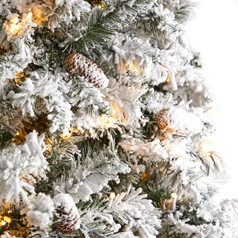 Nearly Natural 9-ft Flocked White River Mountain Pine Artificial Christmas Tree with Pinecones and 650 Clear LED Lights (T3384)