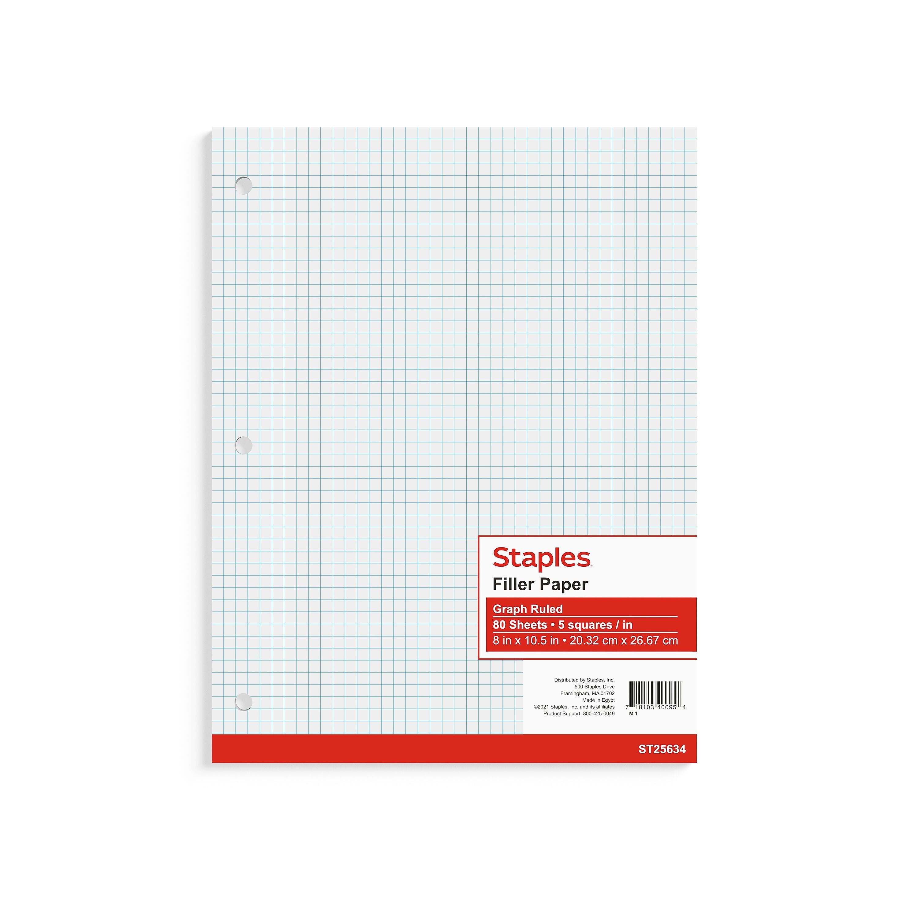 Staples® Graph Ruled Filler Paper, 8" x 10.5", White, 80 Sheets/Pack (ST25634D)