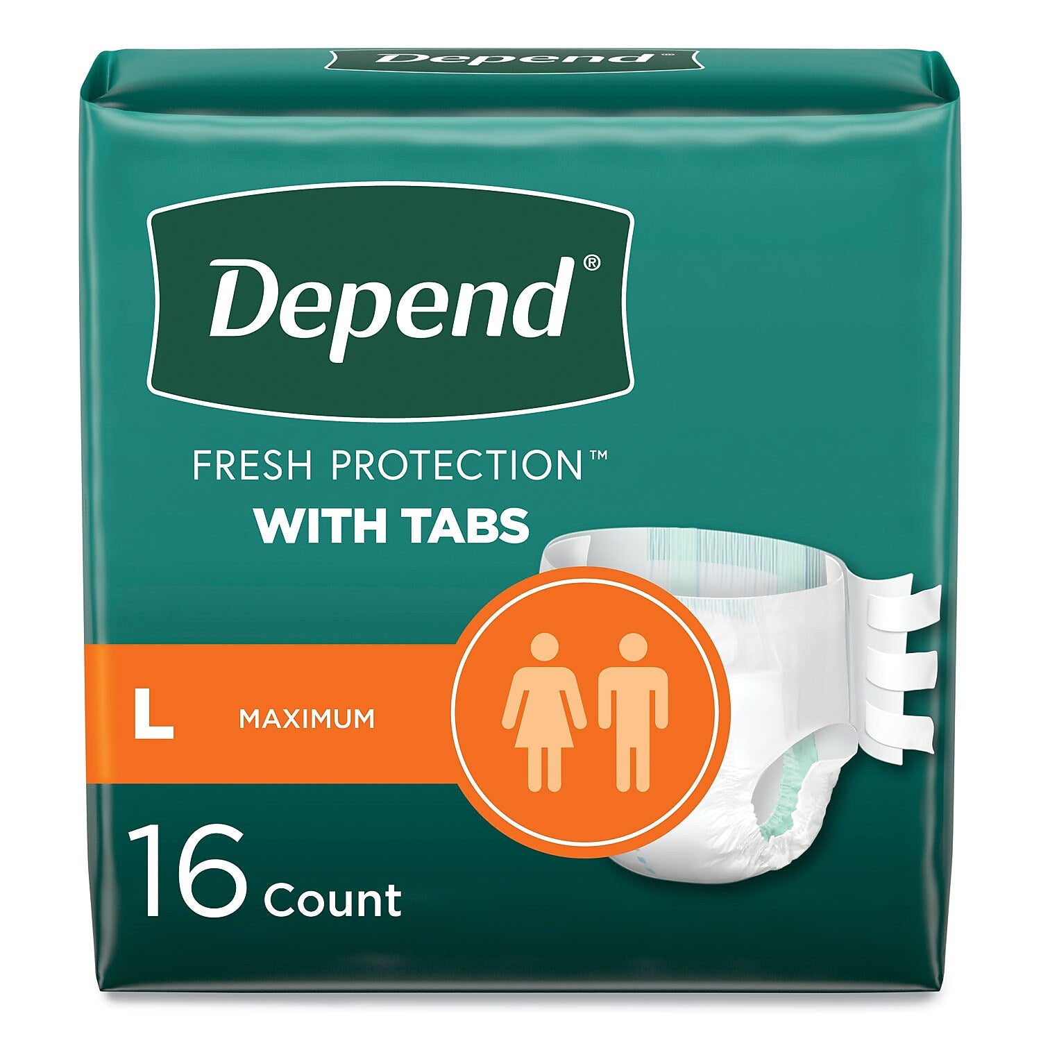 Depend Incontinence Protection Diapers with Tabs, Large, 35" to 49" Waist, 16/Pack, 3 Packs/Carton (35458)