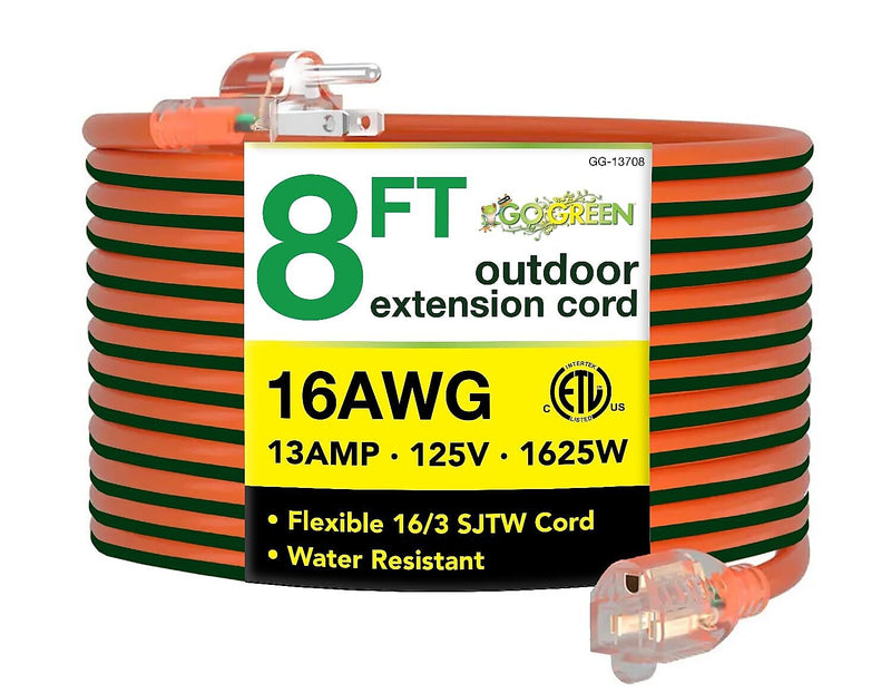 GoGreen Power 16/3 8' Heavy Duty Extension Cord, Lighted End, Orange (GG-13708)