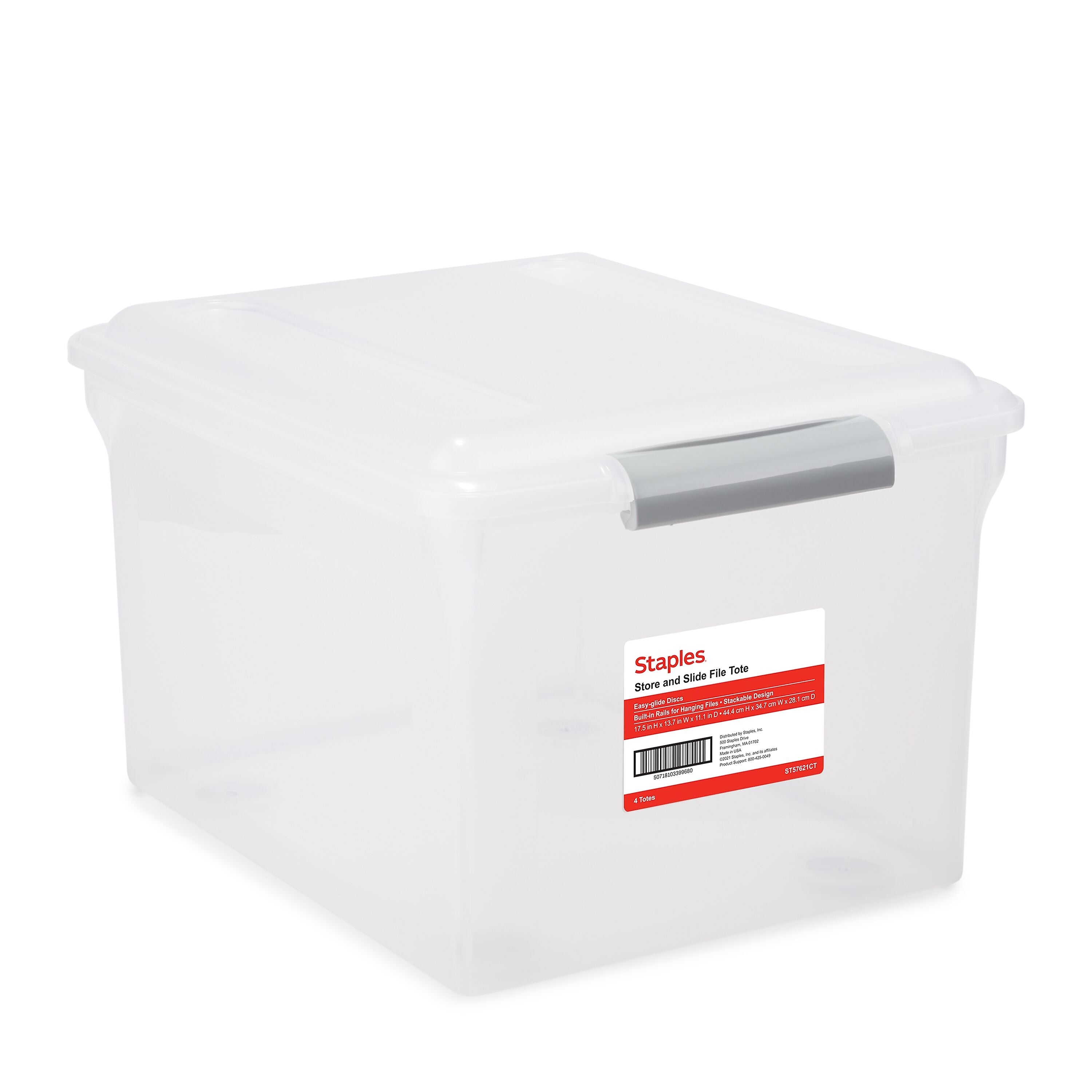 Staples Store & Slide Weather-Resistant File Box, Letter/Legal Size, Clear, 4/Carton (TR57621CT)
