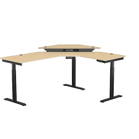 VersaDesk PowerLift 72"W Electric Corner Adjustable Standing Desk, Maple/Black (PLCSD7260-BM-APP)