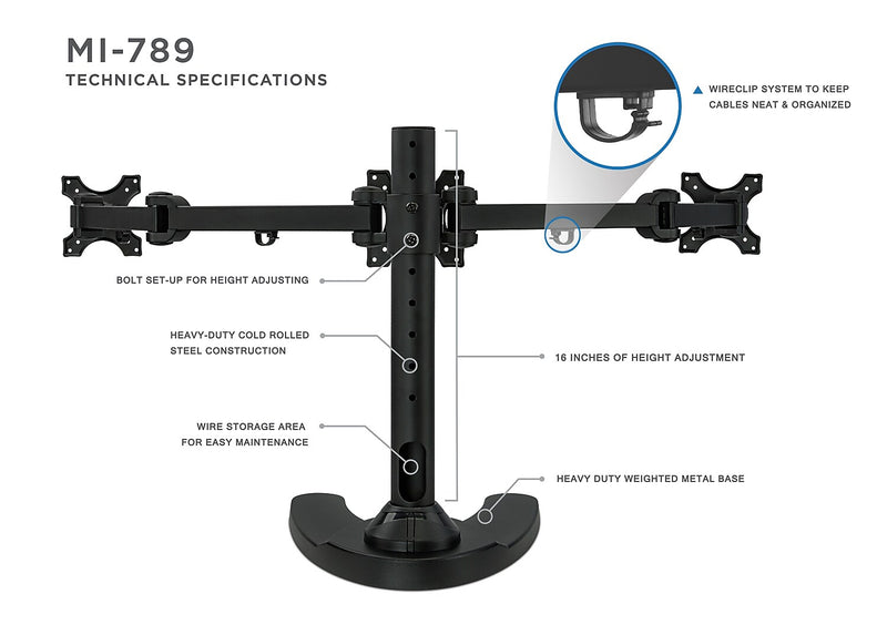 Mount-lt! Adjustable Monitor Mount, Up to 24", Black (MI-789)