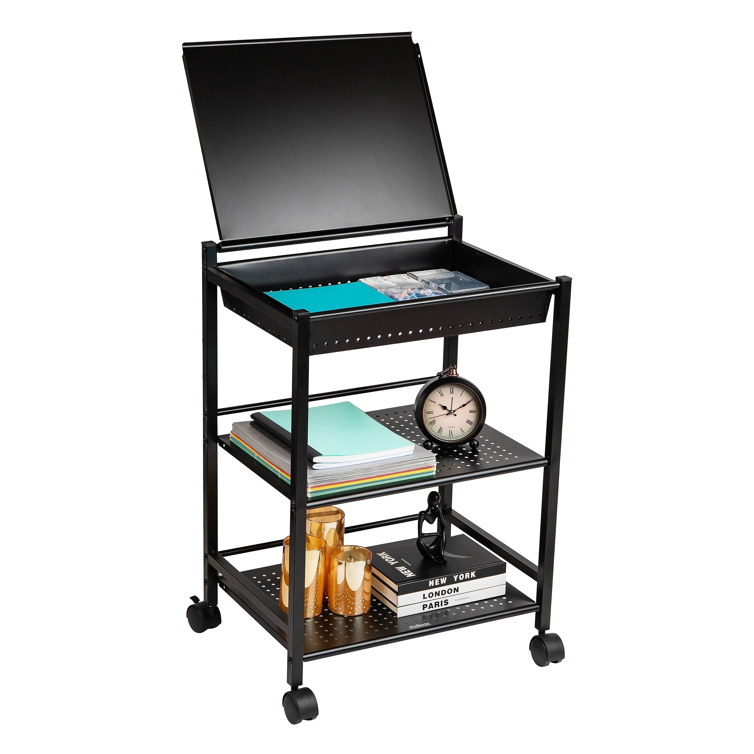 Mind Reader 3-Tier Metal Cart with Covered Compartment, Black (LGCART3T-BLK)