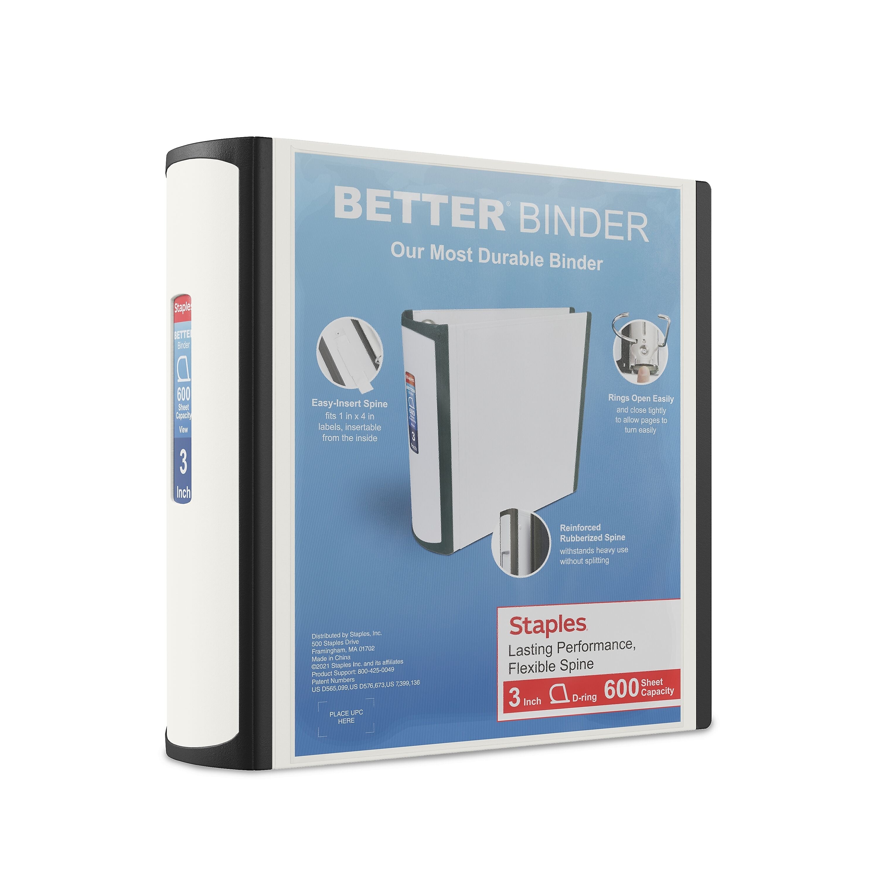 Staples 3" 3-Ring Better Binder, D-Ring, White (ST55887-CC)