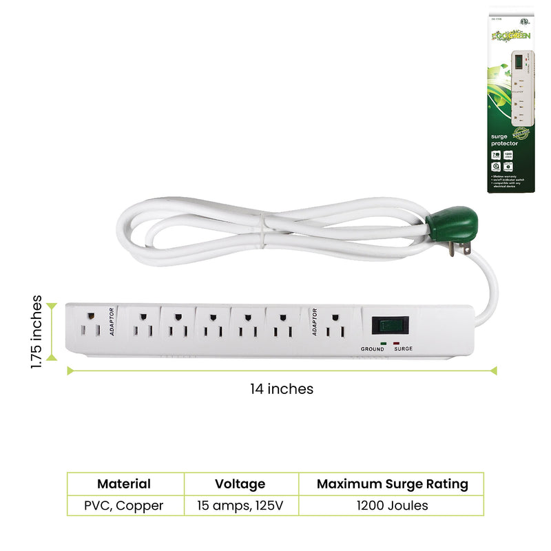 GoGreen Power 6' Metal Surge Protector, 7 Outlets, White (GG-17636)