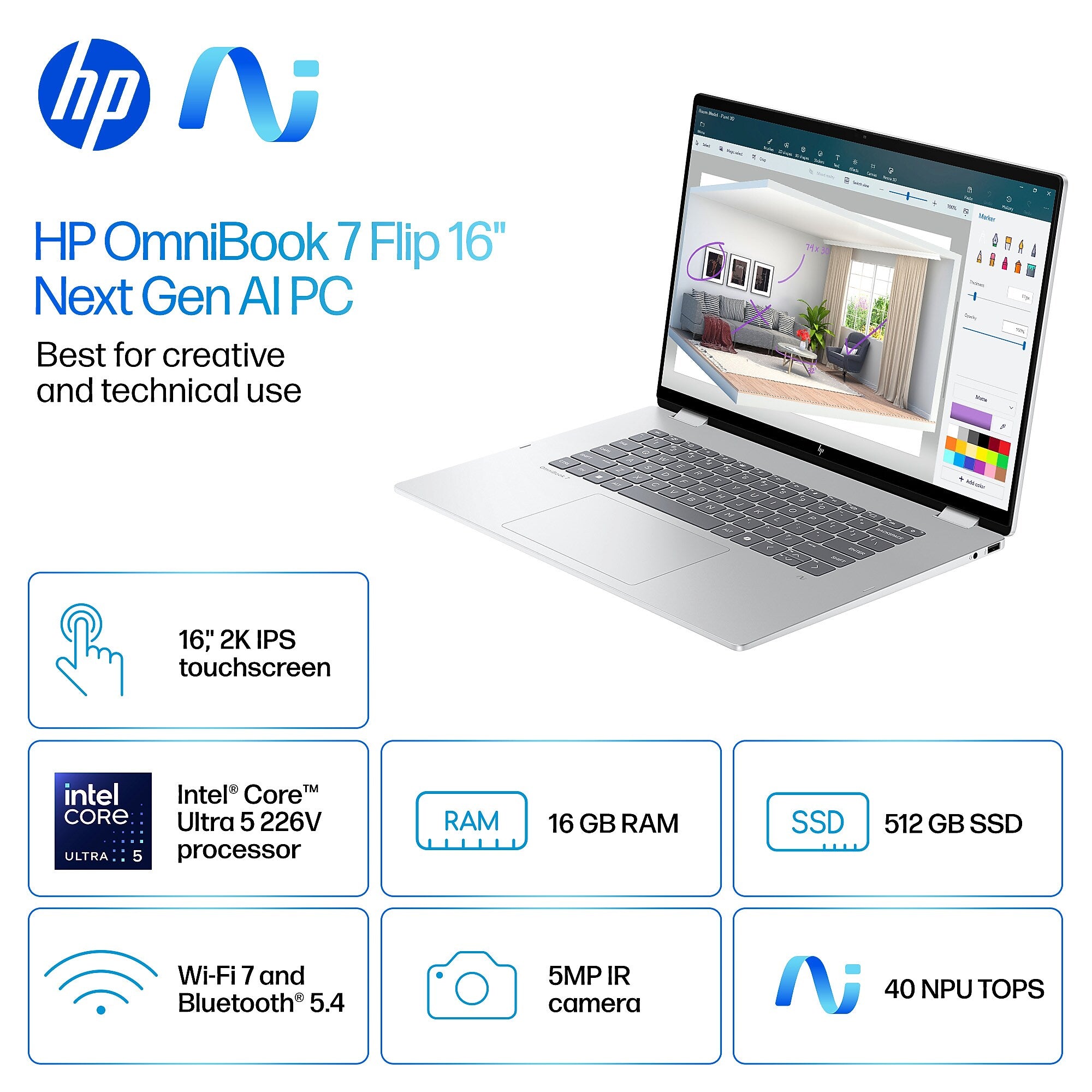 HP OmniBook 7 Flip 16" FHD 2-in-1, Copilot+ PC, Intel Core Ultra 5, 16GB RAM, 512GB SSD,+ 23 hours battery, Windows 11 Home