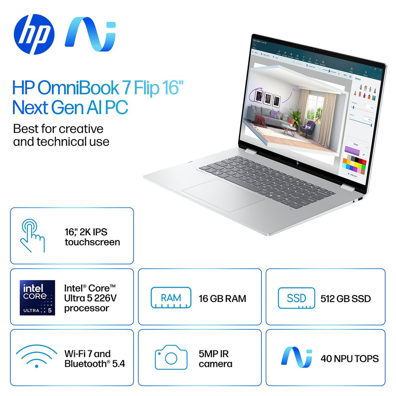 HP OmniBook 7 Flip 16" FHD 2-in-1, Copilot+ PC, Intel Core Ultra 5, 16GB RAM, 512GB SSD,+ 23 hours battery, Windows 11 Home