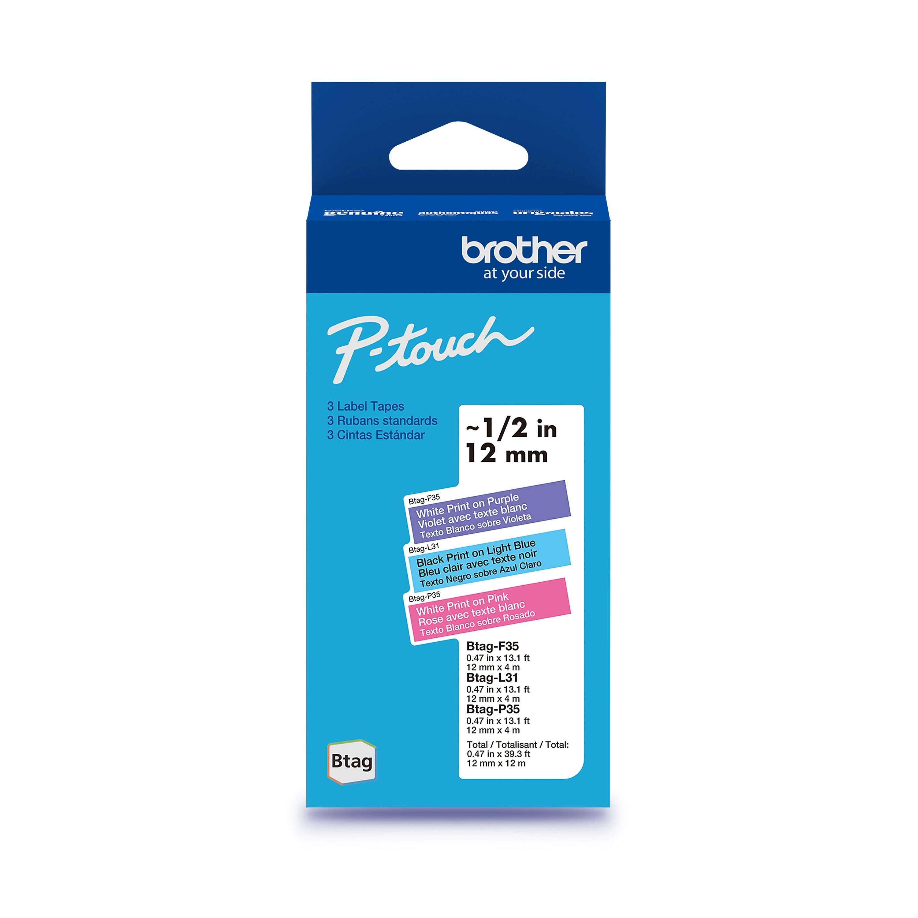 Brother P-touch Btag Label Tape, 1/2" x 13.1' (12mm x 4m), White/Purple, Black/Light Blue, White/Pink, 3/Pack