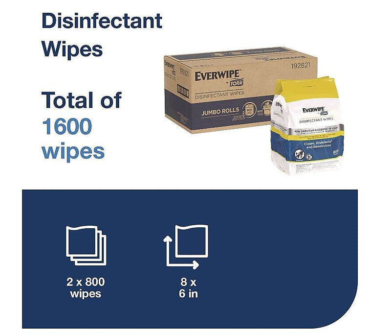 Tork Everwipe Disinfectant Wipes, Lemon Scent, 400 Wipes/Container, 2/Carton (TRK192821)
