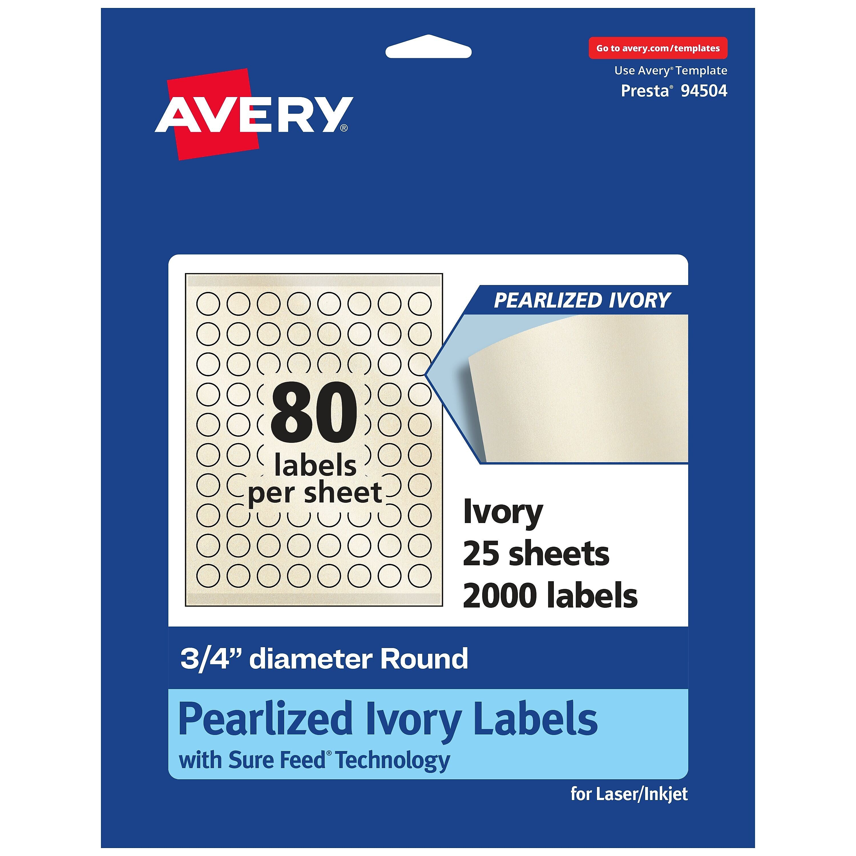 Avery Laser/Inkjet Round Multipurpose Labels, 0.75" Dia., Ivory, 2000 Labels/Pack (94504)