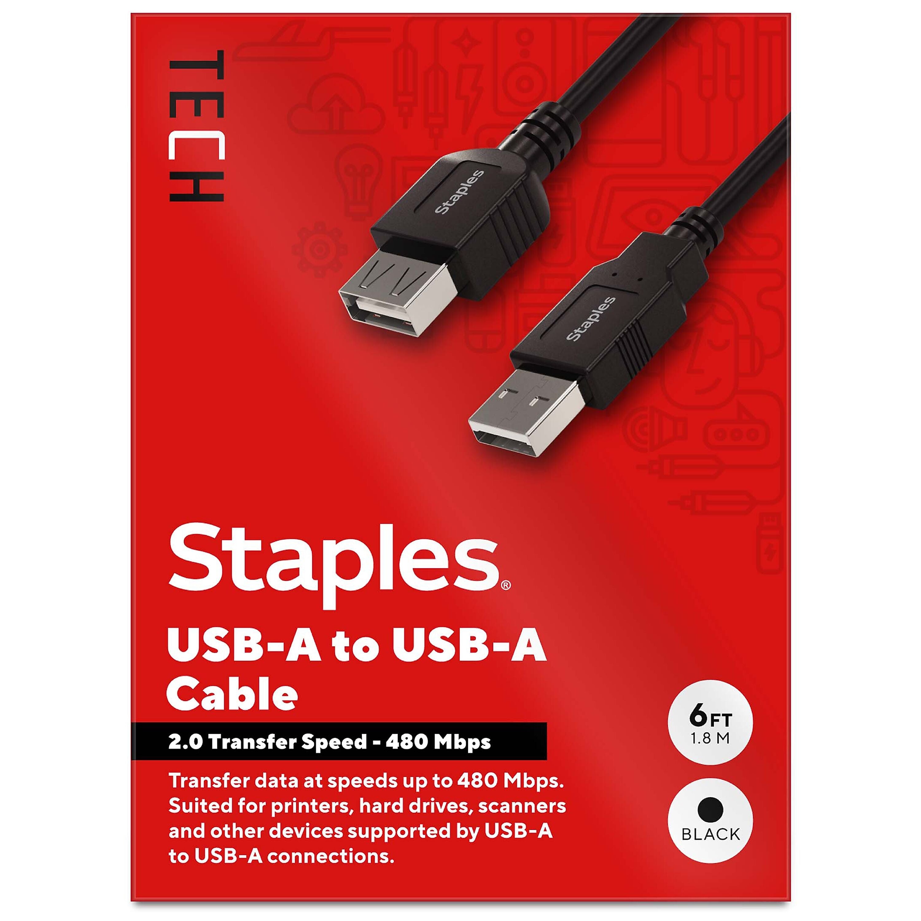Staples TECH 6 ft. USB-A to USB-A Cable, Male to Male, Black (ST62439)