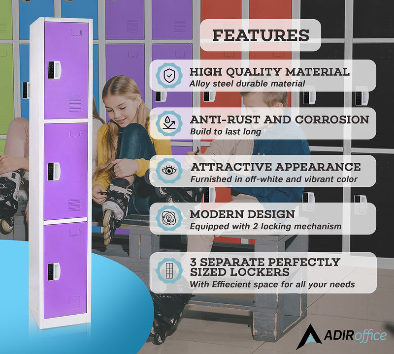 AdirOffice 72"H 3-Tier Purple Storage Locker (ADI629-203-PUR-DL)
