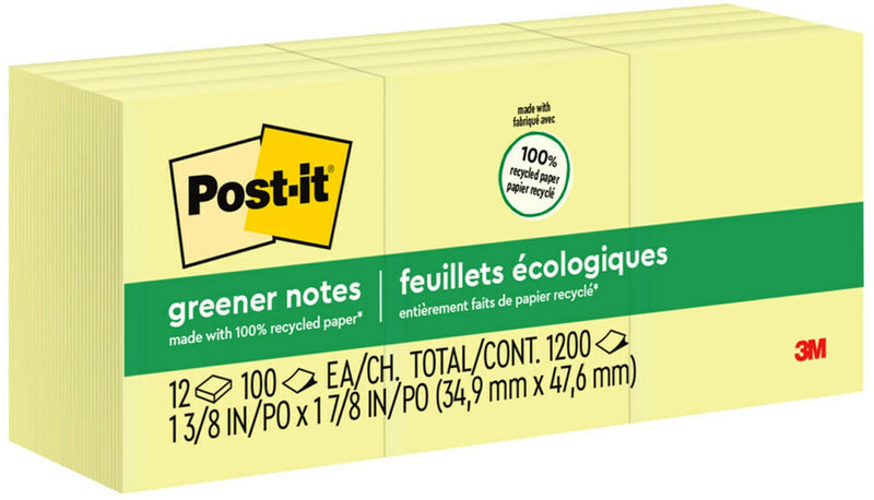 Post-it Recycled Notes, 1 3/8" x 1 7/8", Canary Collection, 100 Sheet/Pad, 12 Pads/Pack (653RPYW)