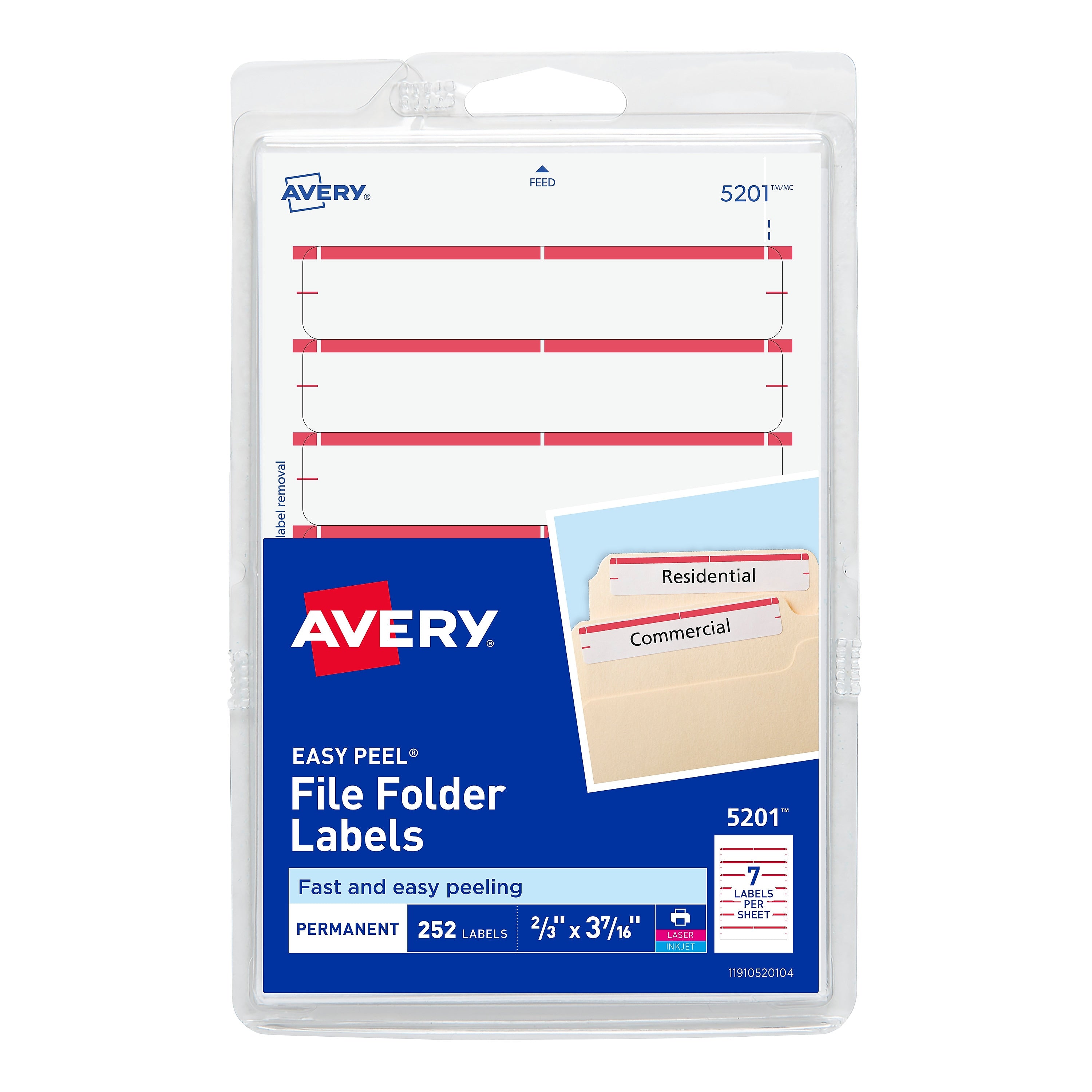 Avery Easy Peel Laser/Inkjet File Folder Labels, 2/3" x 3-7/16", White/Red, 252 Labels/Pack (5201)