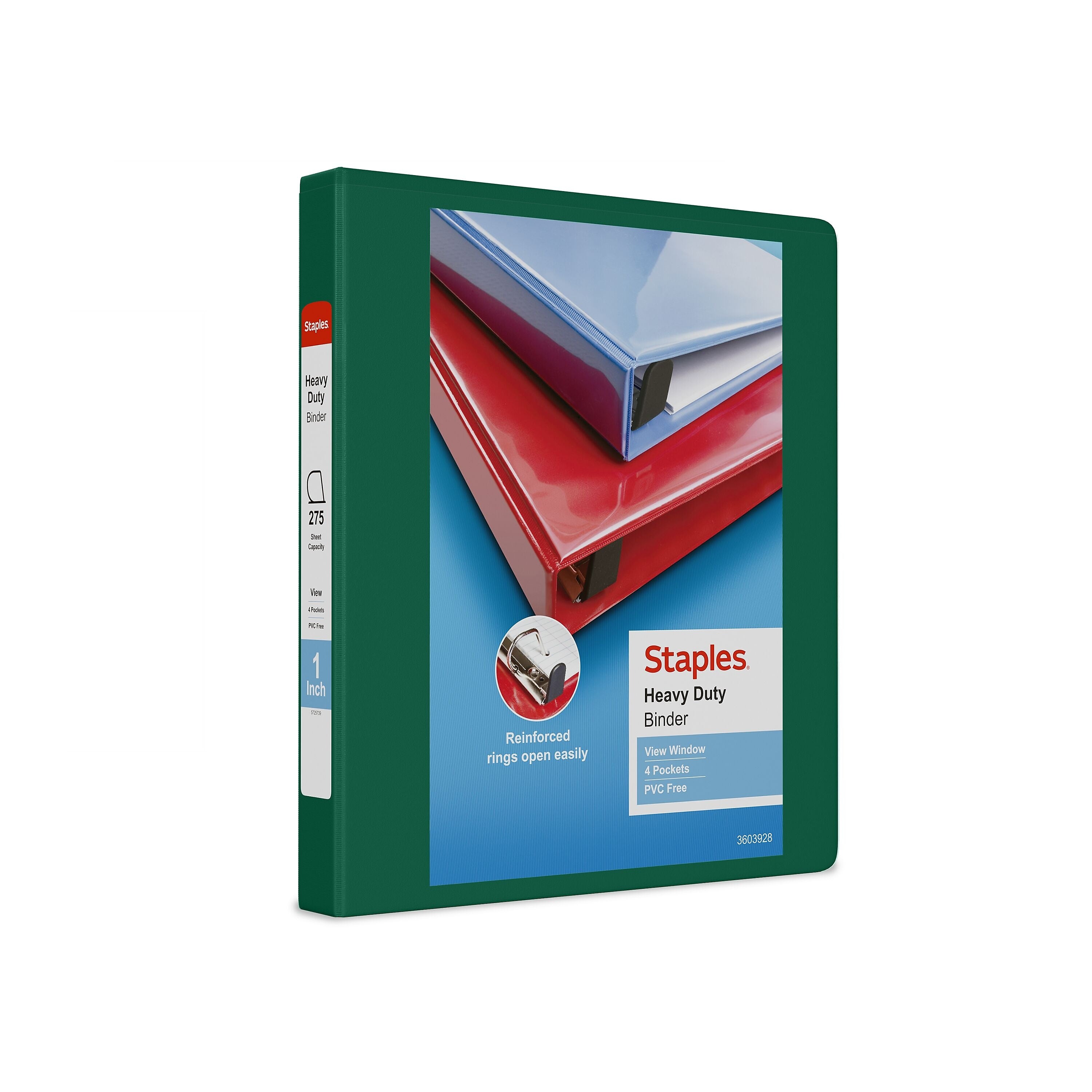 Staples Heavy Duty 1" 3-Ring View Binder, D-Ring, Green (ST56309-CC)