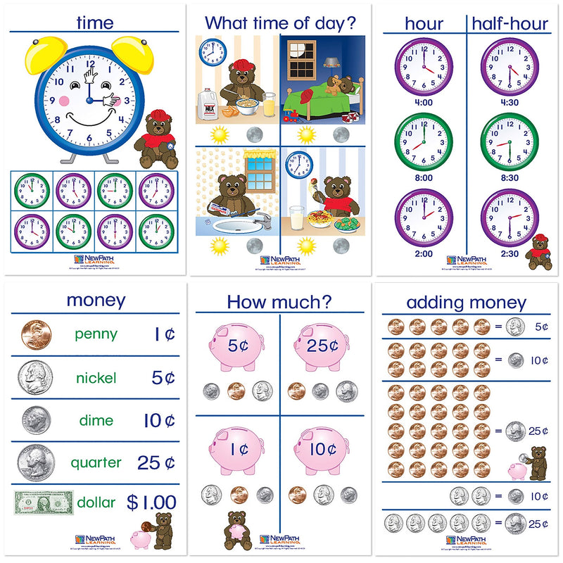 NewPath Learning Time & Money Bulletin Board Charts, English Edition, 12" x 18", 6/Set (NP-930225)
