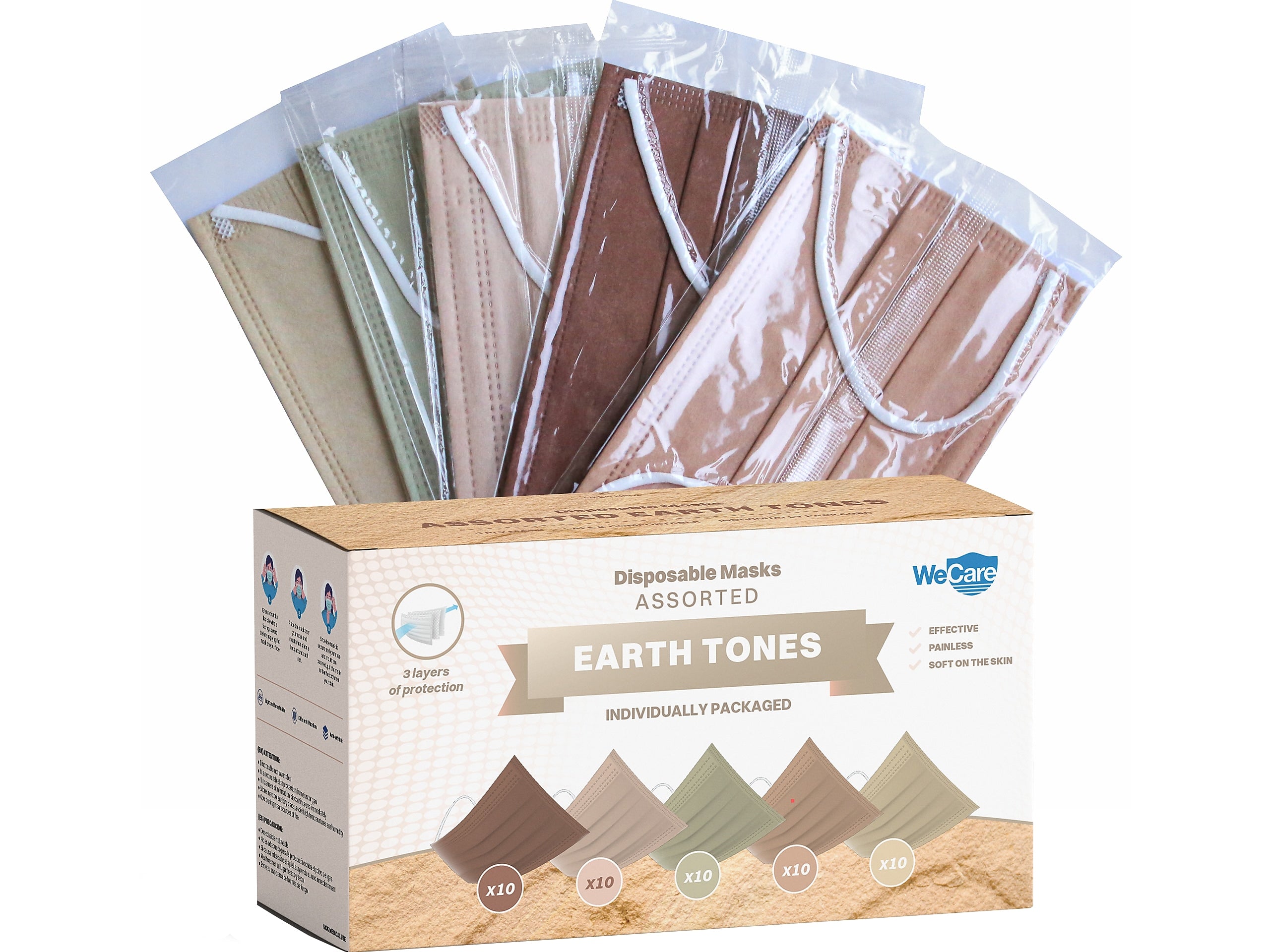 WeCare 3-ply Disposable Face Masks, Adult, Assorted Earth Tones, 50/Box (WMN100090)