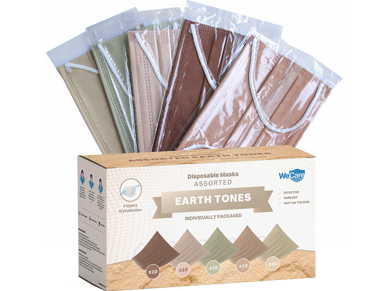 WeCare 3-ply Disposable Face Masks, Adult, Assorted Earth Tones, 50/Box (WMN100090)