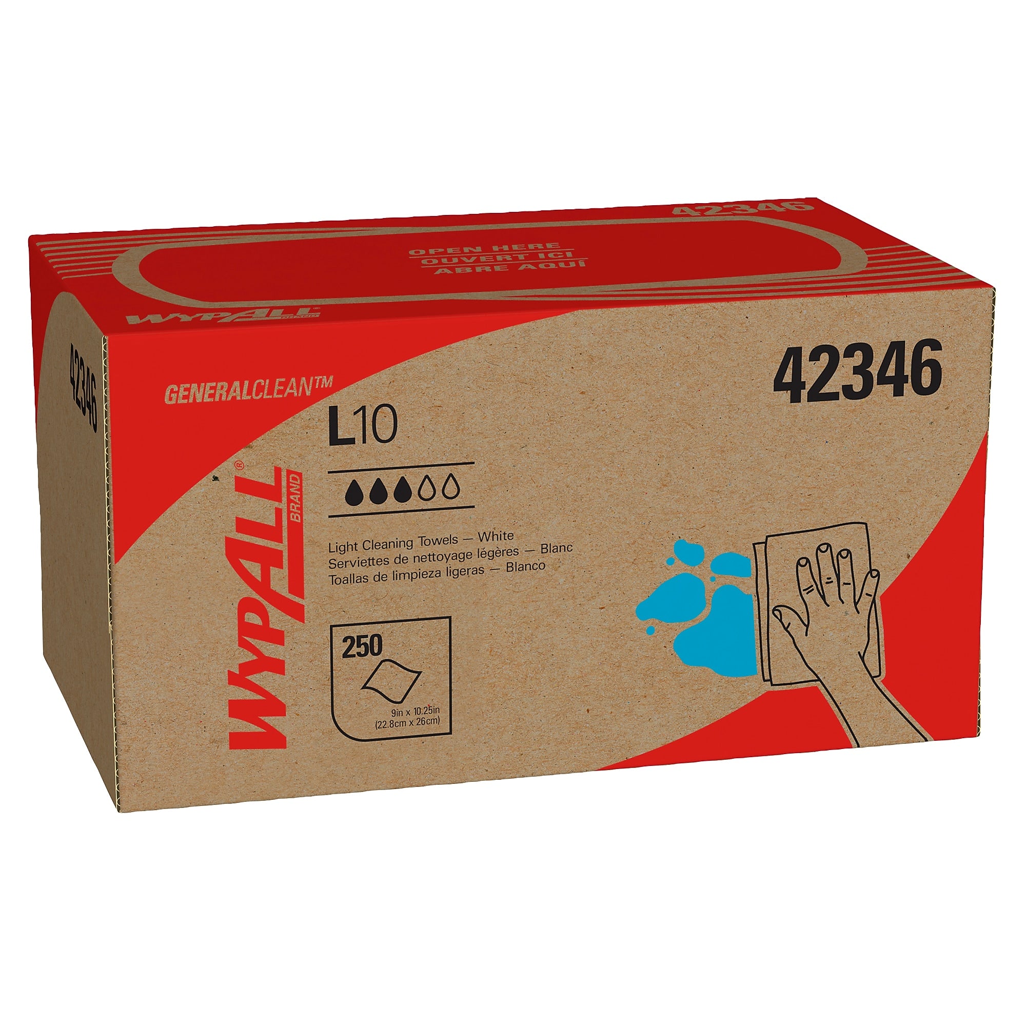 WypAll GeneralClean L10 Fabric Cleaning Wipers, 10.25" x 9", White, 250 Wipers/Box (42346)
