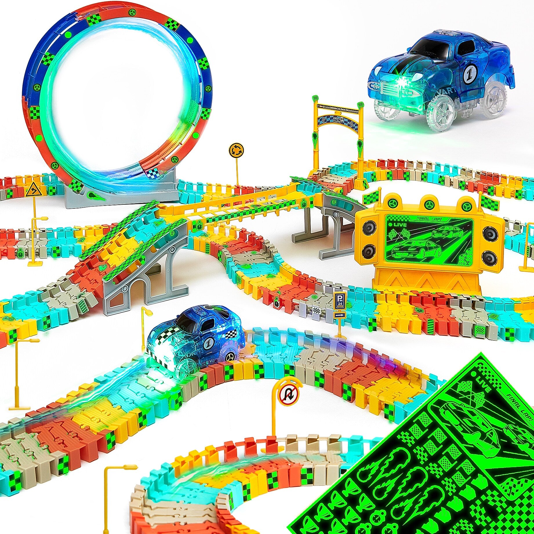 JITTERYGIT Race Track Glow in The Dark Magic Toy Set, 182 Pieces/Pack (FLASHTRACK-RACE-GID)