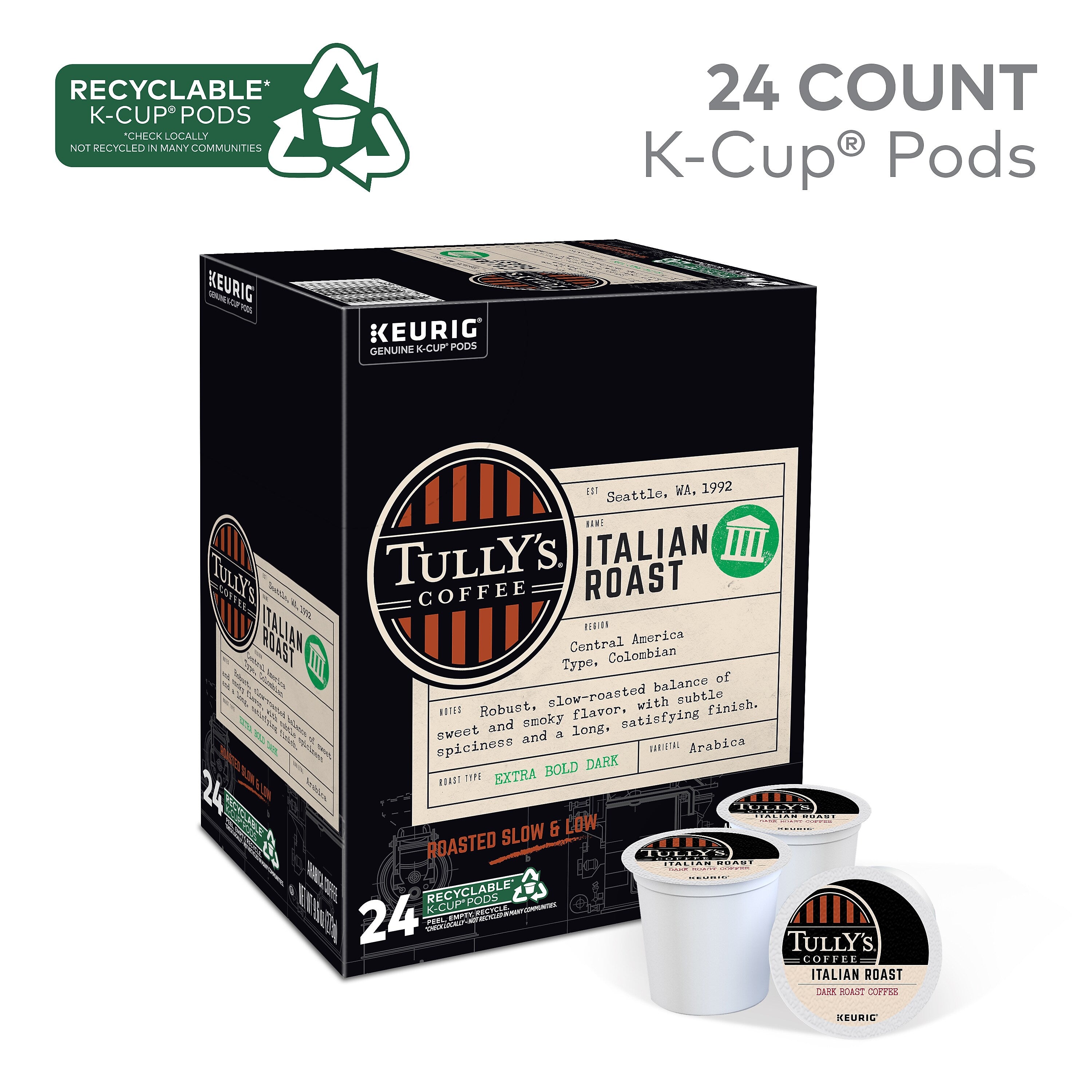 Tully's Italian Roast Coffee, Dark Roast, Keurig® K-Cup® Pods, 24/Box (193019)