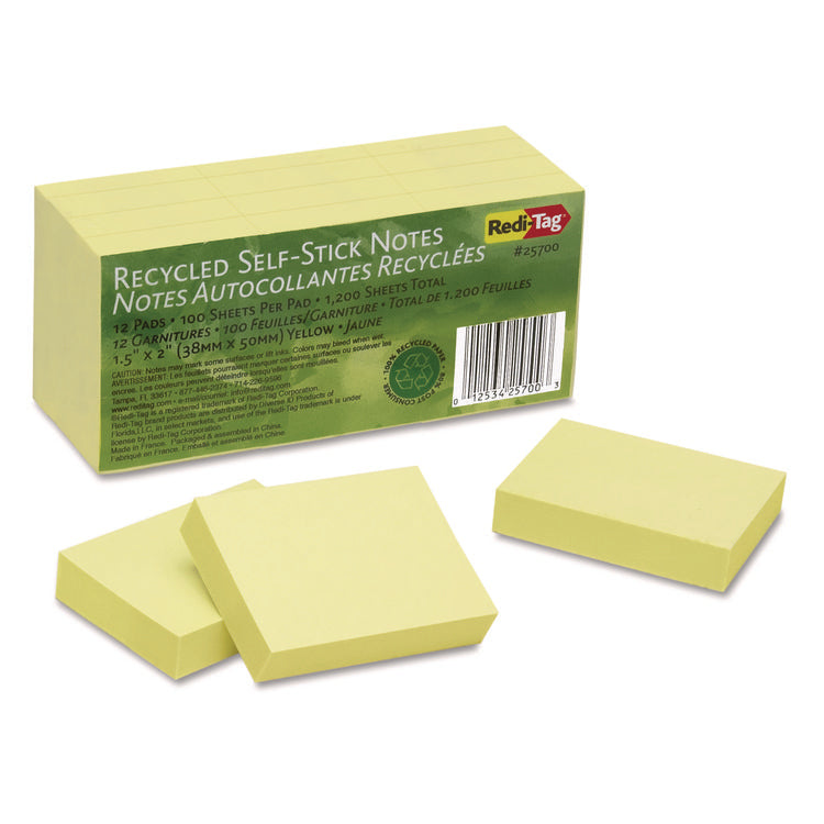 100% Recycled Self-Stick Notes, 1.5" x 2", Yellow, 100 Sheets/Pad, 12 Pads/Pack