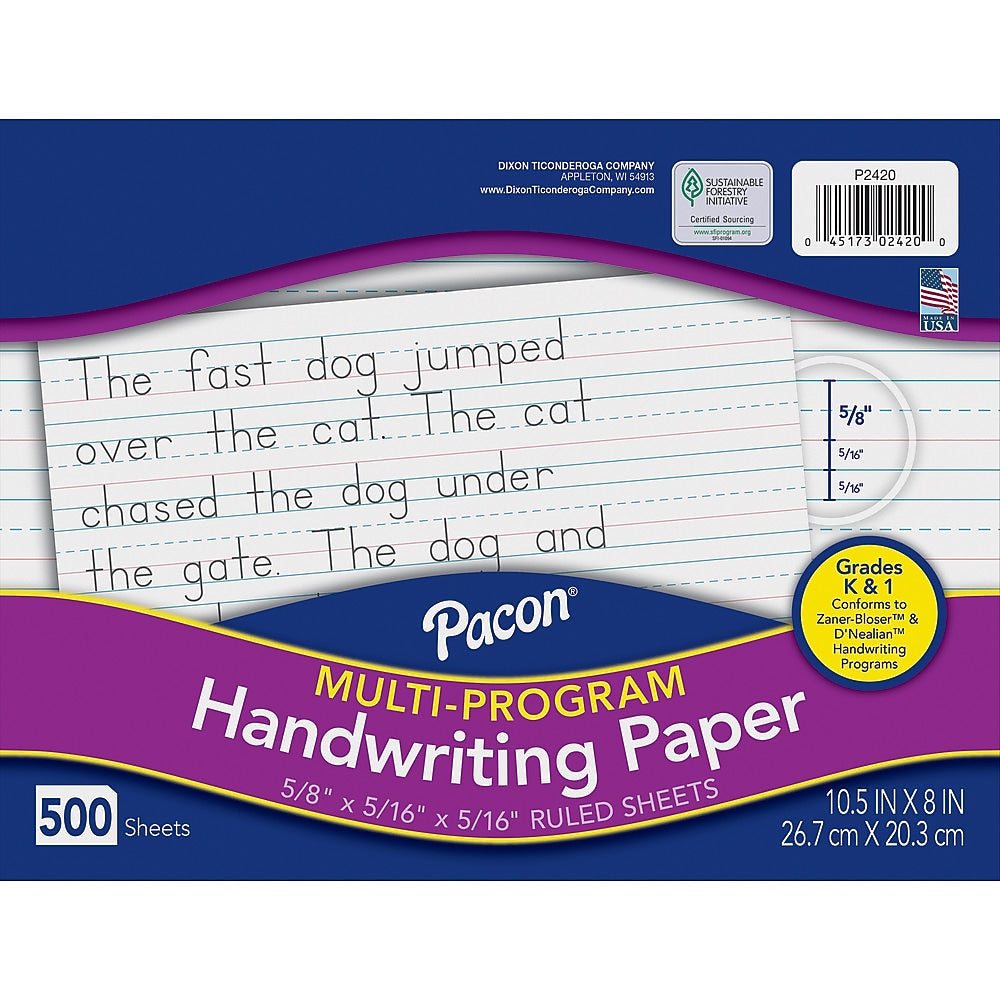 Pacon D'Nealian/Zaner-Bloser Multi-Program Handwriting Practice Paper, 8" x 10.5", 35 lbs., White, 500 Sheets/Pack (2420)